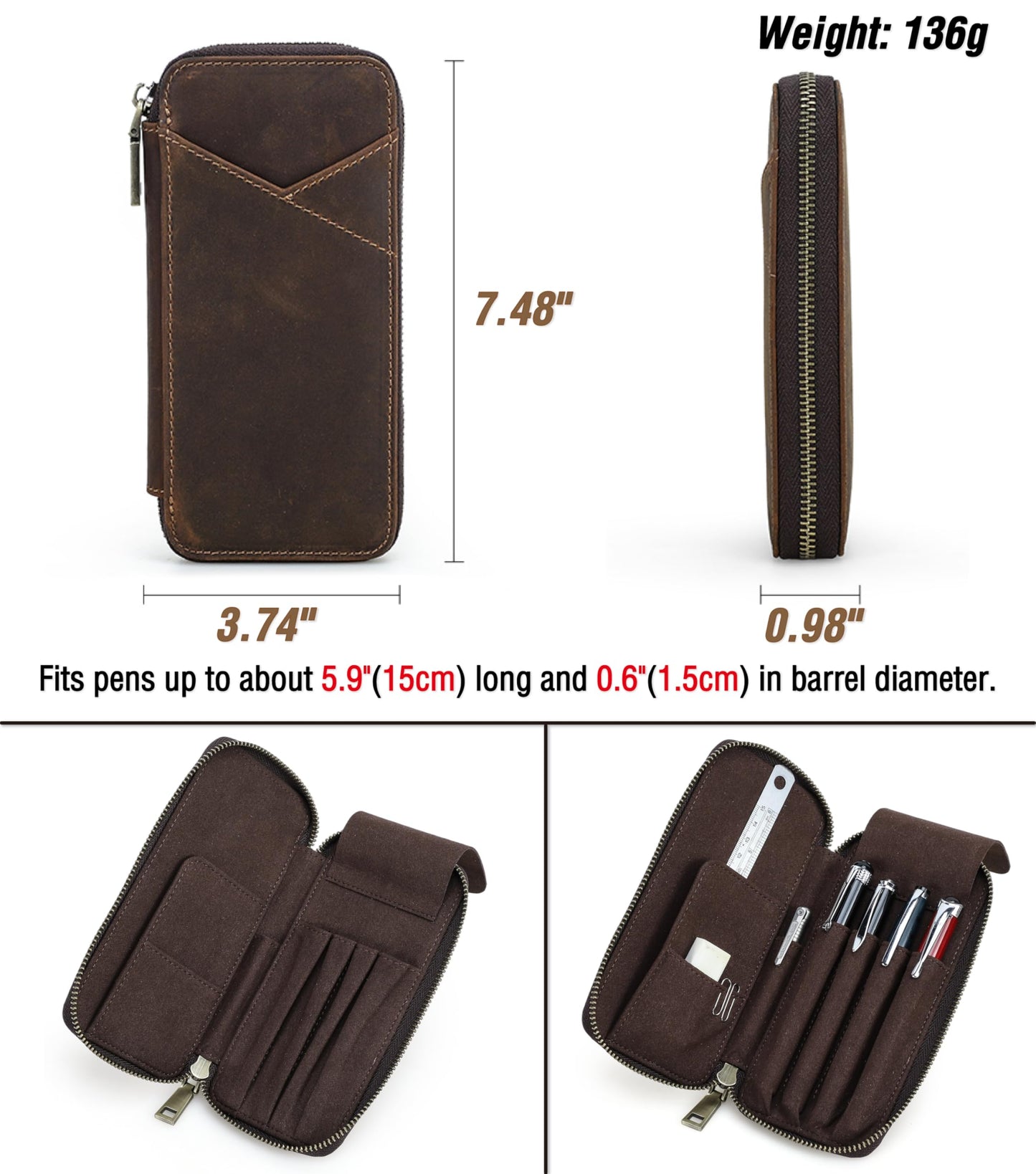 CataPurus Top Grain Genuine Leather 4 Fountain Pen/Pencil Case Pouch, Handmade Minimalist Design, Zipper Closure with Multi-Function & Slots, Gift Choice for Man/Woman/Office, Matte Coffee, 4 Slots