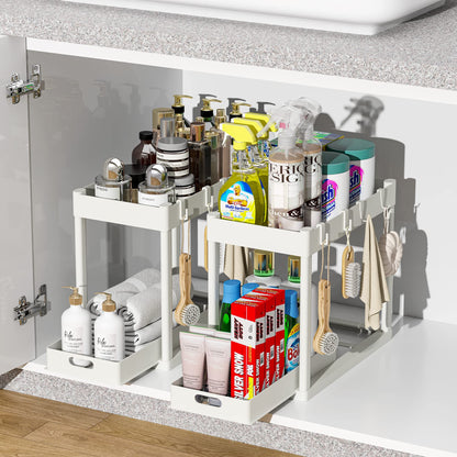 2PC Under Sink Organizer Rack 2 Tier Under Sliding Cabinet Basket Organizer Drawer with 4 Hooks, Multi-purpose Under Sink Storage for Bathroom Kitchen Desktop（Black）