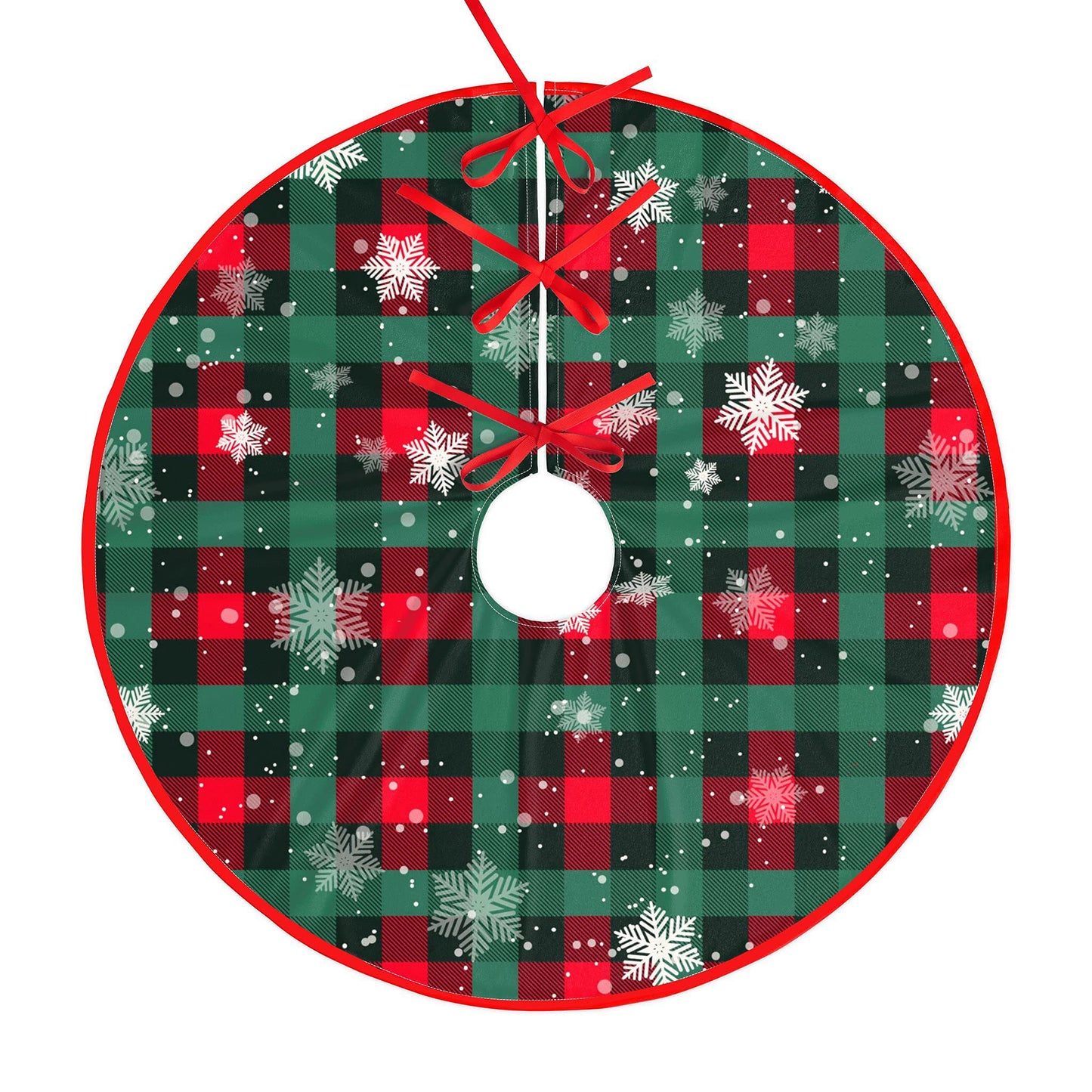 Christmas Tree Skirt Buffalo Plaid Tree Skirt Snowflake Thick Xmas Tree Skirt for Holiday Party Christmas Tree Decorations Indoor Outdoor Red and Green 48 Inch