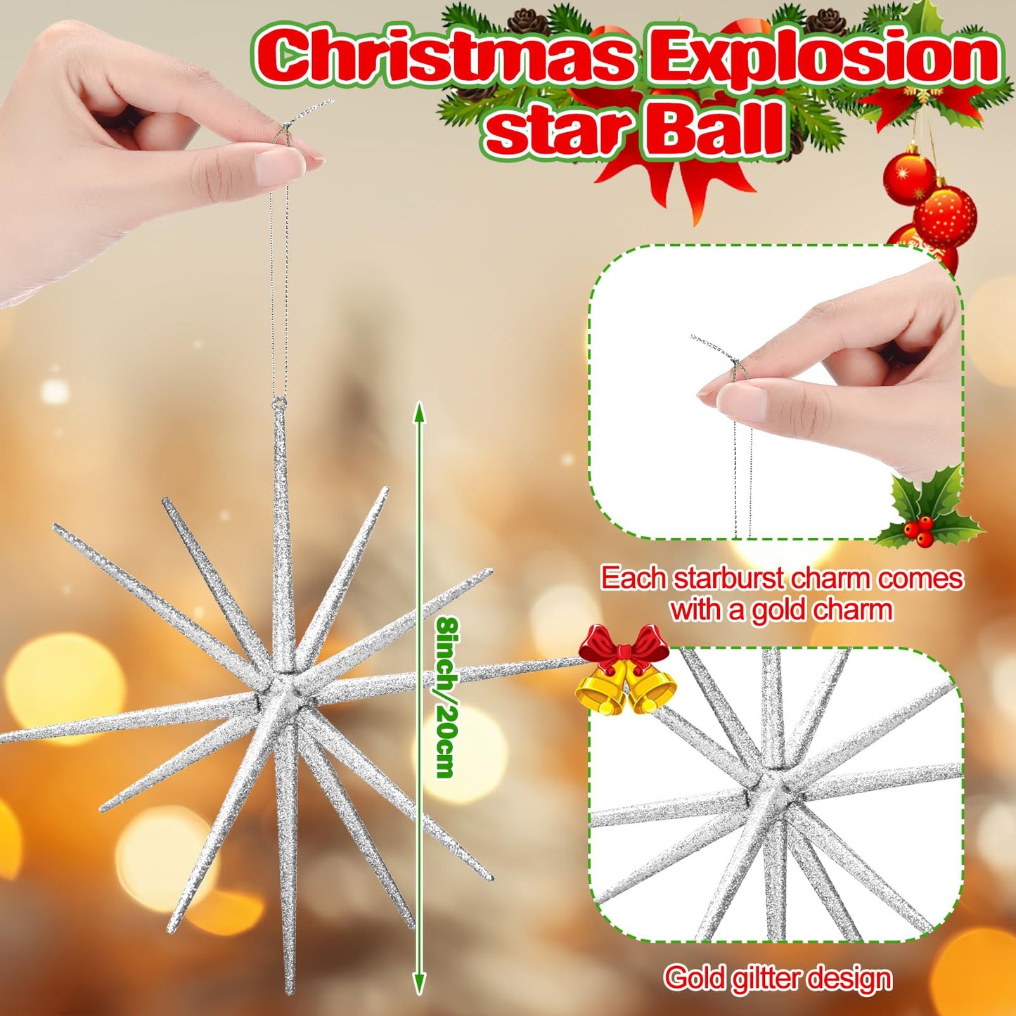 Syhood 6 Pcs Glitter Starburst Star New Year Ornaments 8 Inch Exploding Glitter Starburst Bethlehem Star Hanging Tree Ornaments Tabletop 3D Decor New Year Holiday Party(Sliver,Classic)
