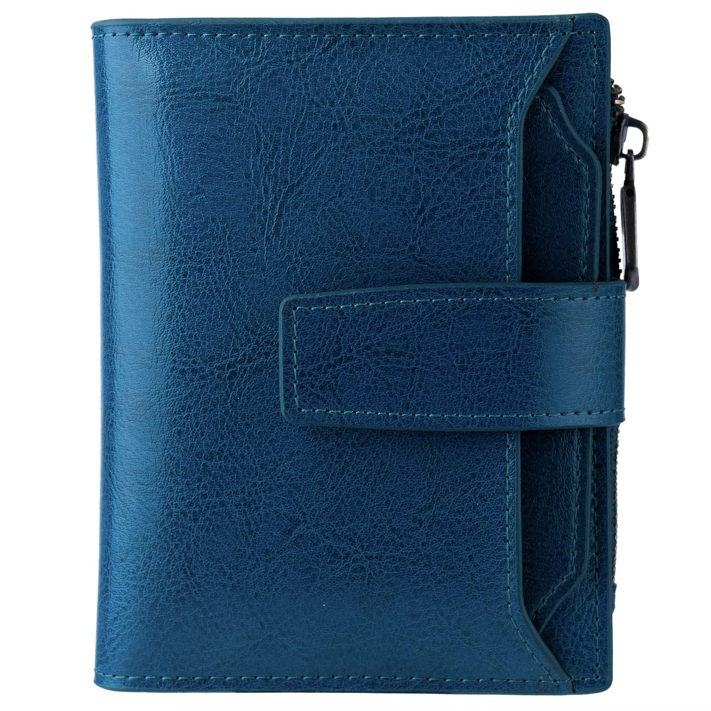 Bveyzi Women's Small Leather RFID Blocking Bifold Zipper Pocket Wallet Ladies Credit Card Slots Purse with id Window(Peacock Blue)