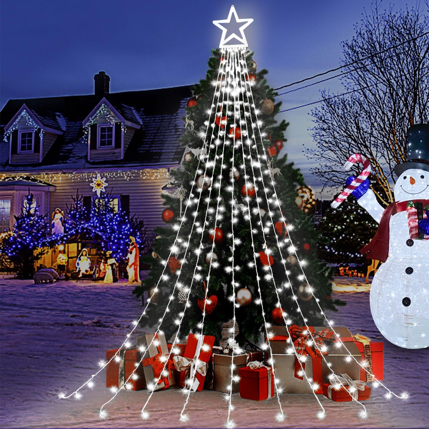 MINIAO Christmas Decorations Star String Lights, 320 LED Waterfall Tree Lights with 13" Topper Star 8 Lighting Modes Indoor Outdoor Decorative for New Year, Holiday, Wedding, Party