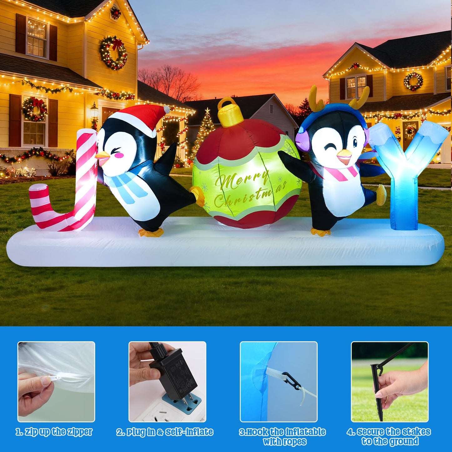 Meland 10FT Christmas Inflatable Outdoor Decorations, Christmas Blow Up Joy with Dancing Penguins & Candy Cane,Lighted Outdoor Yard Inflatable Cute Xmas Decor for Holiday Lawn Display