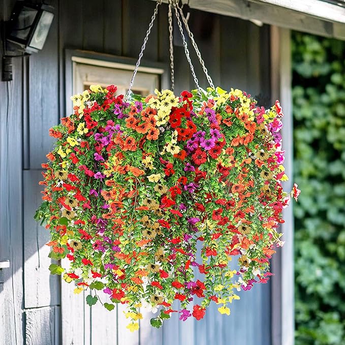 DOUBFIVSY Artificial Hanging Flowers for Outdoors, 4 Pcs Fake Hanging Plant Spring Summer Decor, UV Resistant Waterproof No Fade Faux Flower for Front Door Porch Patio Planter Garden (Mixed Color)