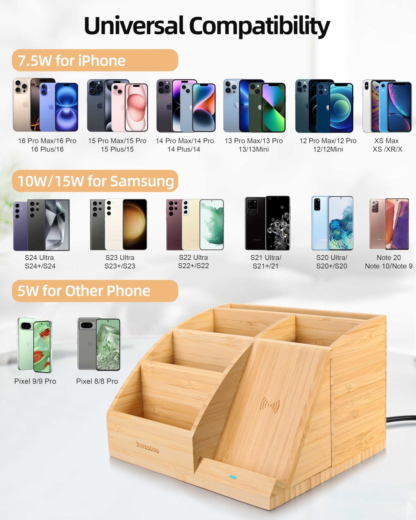 Bamboo Pen Holder with Wireless Charger, Desk Organizer with 5 Compartments for Home Office Supplies Compatible with iPhone & Samsung Series
