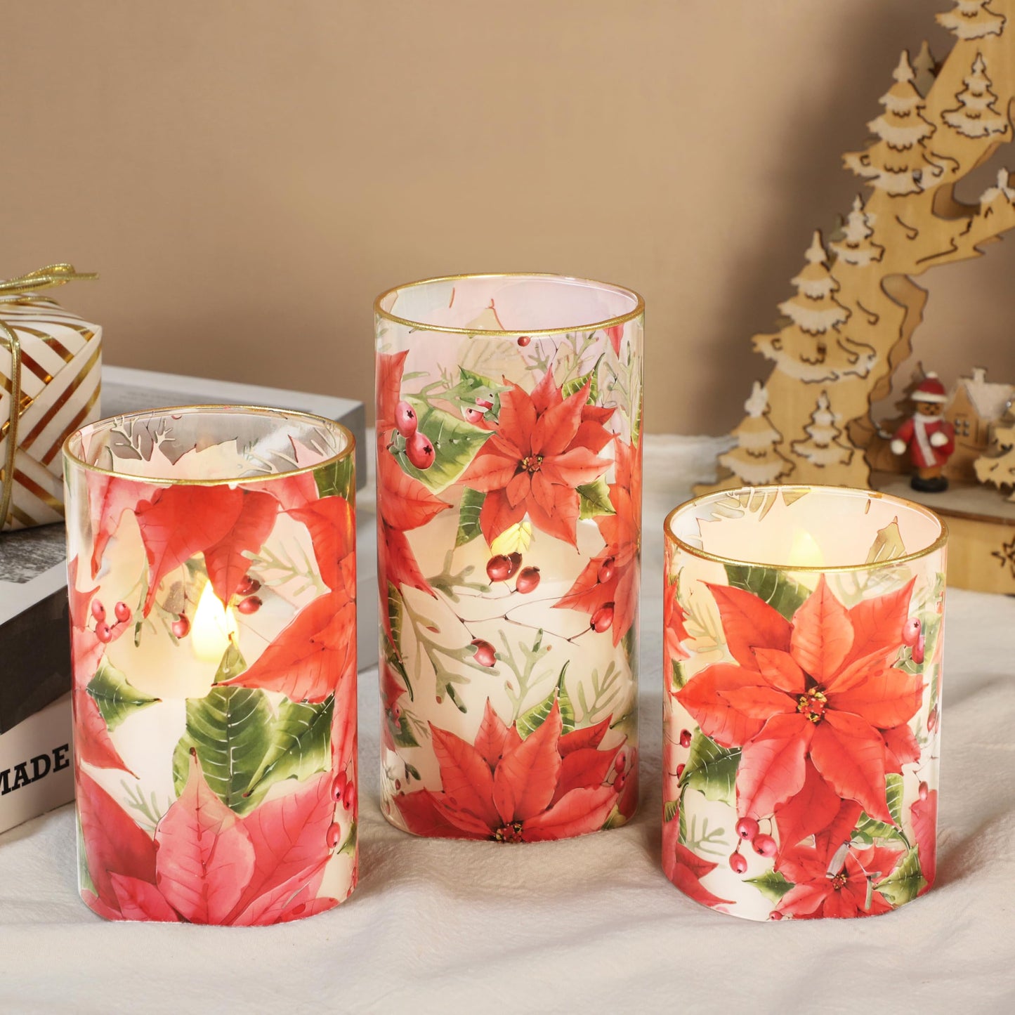 Crystal Club Red Poinsettia Christmas Flameless Candles with Remote, Battery Operated LED Pillar Candles, Real Wax & Glass 3D Flickering Flame Holiday Decor for Christmas, Mantel, Gift (Set of 3)