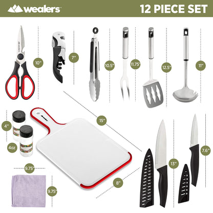 12 Piece Camp Kitchen Cooking Utensil Set Travel Organizer Grill Accessories Compact Gear for Backpacking BBQ Camping Hiking and Travel Black