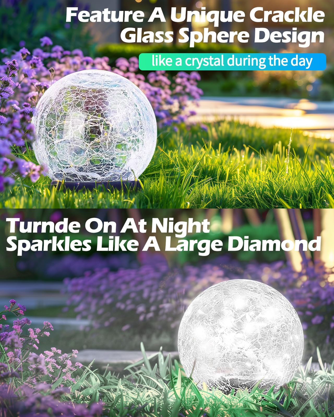 Coroor Garden Solar Ball Lights Outdoor Waterproof, 80 LED Cracked Glass Globe Ground Lights for Path Yard Patio Lawn, Outdoor Decoration Landscape White (2 Pack 5.9'')