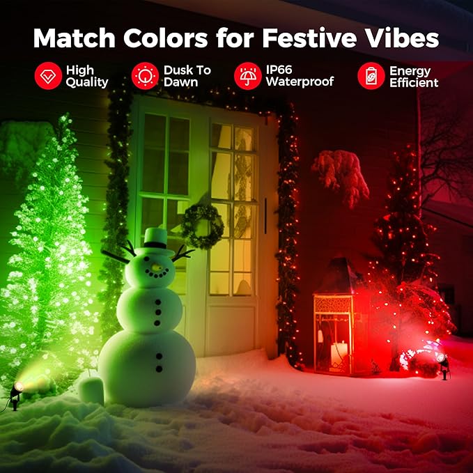 L LOHAS LED Red and Green Christmas Spotlight Outdoor, Auto On/Off 5W Landscape Lighting, 120V IP66 Waterproof Spot Lights for Yard House Holiday Trees Decoration, UL Listed, 2 Pack