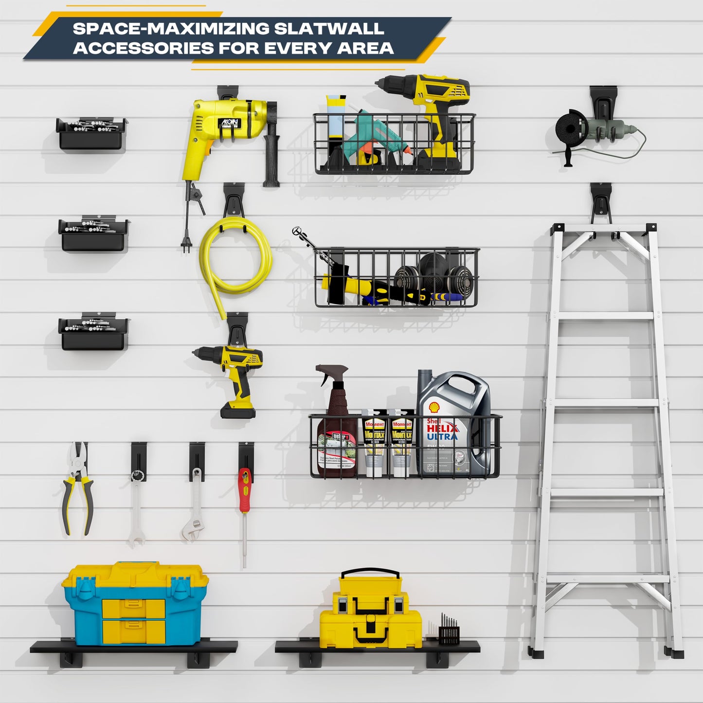 FOFARY 35Pcs Slatwall Accessories Kit, with Slatwall Hooks, Baskets, Shelves, Bins, Heavy Duty Slat Wall Accessory for Garage Organization, Workshop & Utility Room