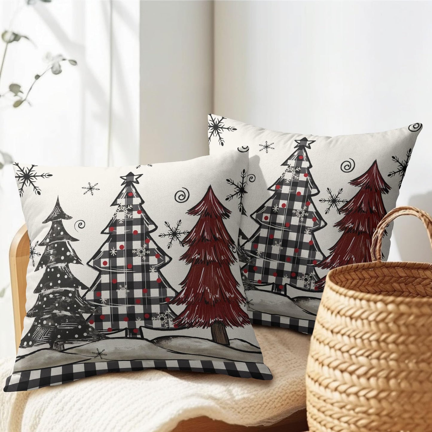 Ancordivo Christmas Pillow Covers 18x18 Inch Set of 2 Xmas Theme Black and Red Tree Snowflake Outdoor Throw Pillows Winter Holiday Buffalo Plaid Pillowcases for Couch Sofa Bed Home Decor