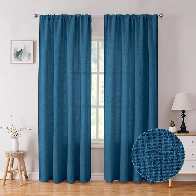 Tollpiz Linen Curtains Bedroom Rod Pocket Semi Sheer Curtain Burlap Light Filtering Thick Linen Drapes for Living Room, 54 x 84 inches Long, Classic Blue, Set of 2 Panels