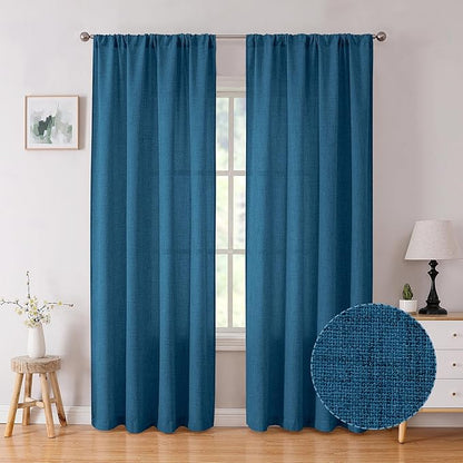 Tollpiz Linen Curtains Bedroom Rod Pocket Semi Sheer Curtain Burlap Light Filtering Thick Linen Drapes for Living Room, 54 x 84 inches Long, Classic Blue, Set of 2 Panels