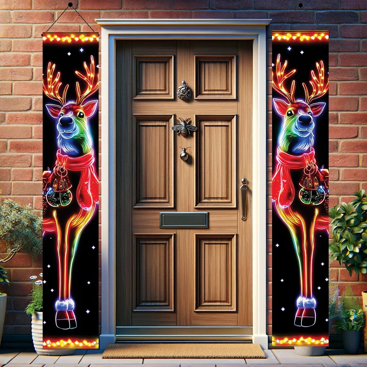 Saoplasa 2PCS Christmas Porch Banners 71 x 12 Inch Neon Reindeer Holiday Door Decorations LED Style Lighted Outdoor Hanging Signs for Xmas Party Front Entryway Yard Wall Festive Winter Welcome Display