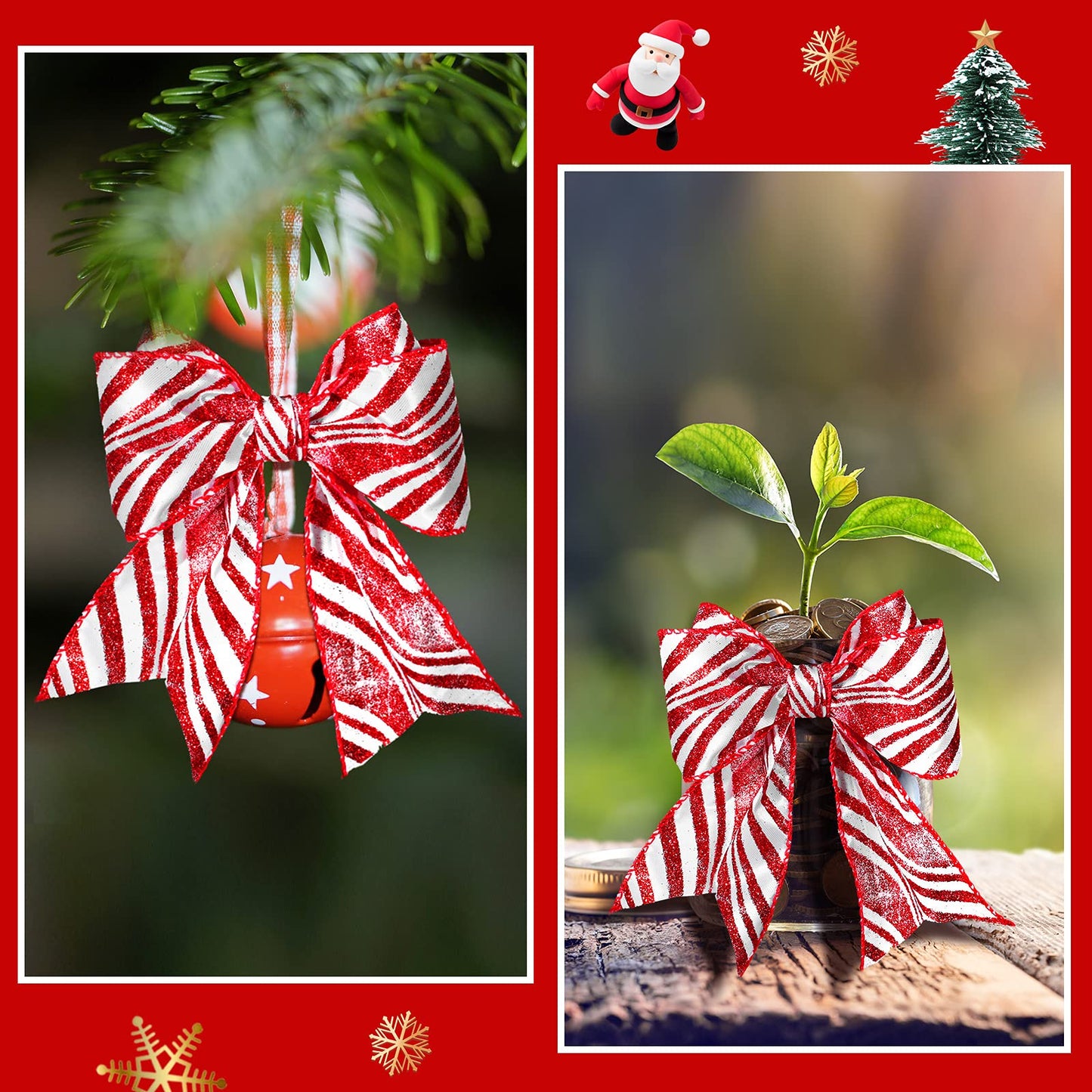 2 Rolls 2.5 Inch x 6 Yards Christmas Red and White Ribbon Christmas Candy Cane Wired Edge Ribbons DIY Craft for Xmas Tree Decorations Wreath Bows Making Gift Wrapping(Arcuate Stripes)