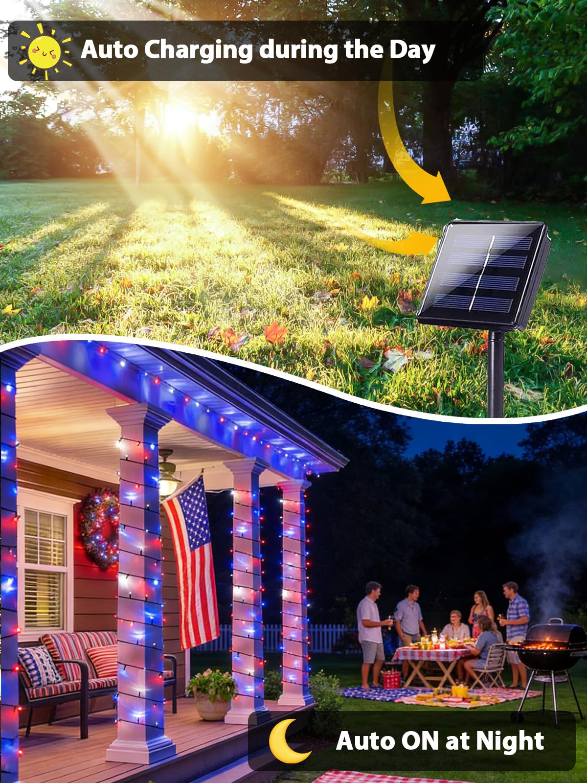 2 Pack 200 LED Red White and Blue Solar String Lights Outdoor Waterproof, Solar Powered LED Patriotic Lights, Solar Tree Lights for Independence Day 4th of July Memorial Day 250th Anniversary Decor