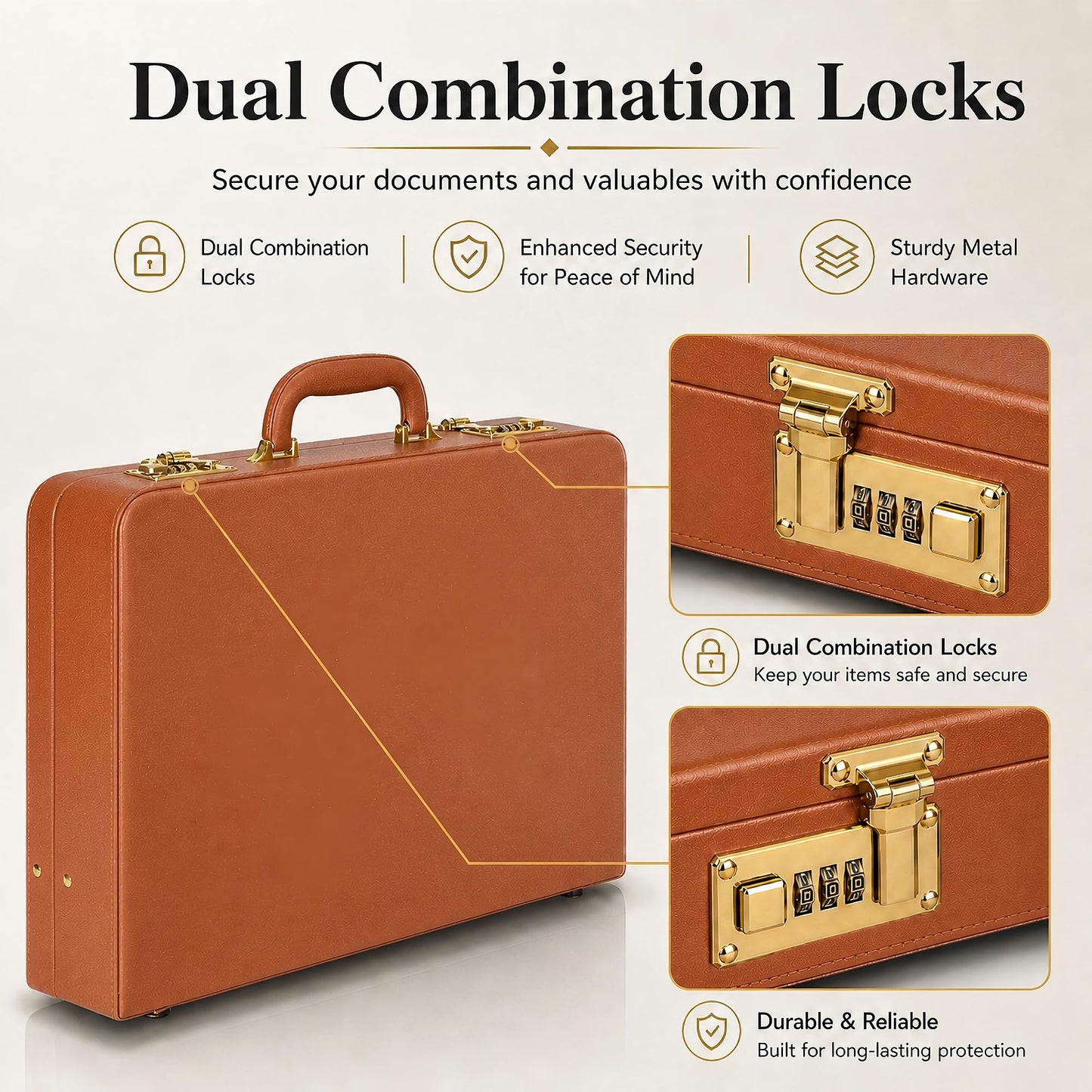 HAESTUS Briefcases for Men, Professional Leather Briefcase with Lock, Hard Shell Business Brief Case, Attache Case for 15.6" Laptop, Men's Hard Briefcase for Work Office Travel, Brown | Dual Lock