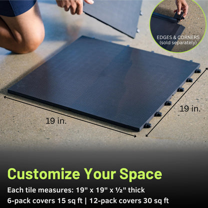 Baselayer Performance Series Interlocking Floor Tiles - Durable ½ in TPE (Rubber Like, NOT Foam, no Odor) - Gym Flooring for Weights & Heavy Equipment - Black, 15 SqFt (6 Pack) - Made in USA