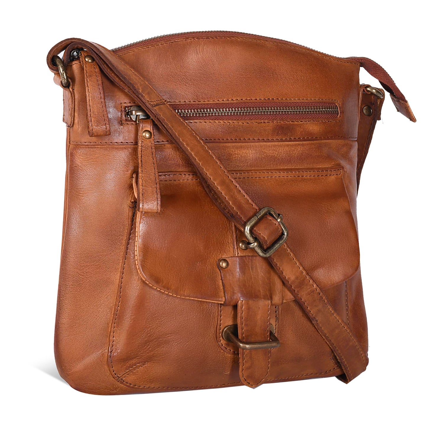 Oak Leathers Leather Crossbody Bag For Women With Adjustable Sling Strap - Medium Size Crossover Shoulder Handbag Purse (Tan Wash)