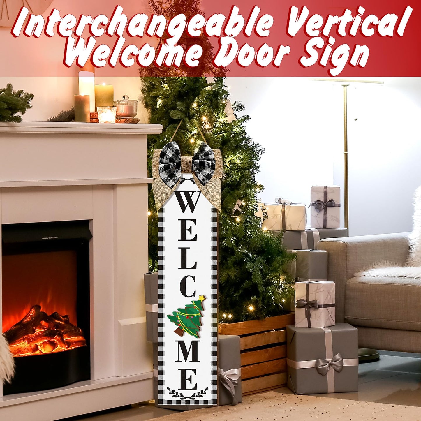 Sintuff Holiday Interchangeable Welcome Sign for Front Door Wood Porch Sign with 24 Pcs Seasonal Icons Home Farmhouse Holiday Welcome Outdoor Festival Seasonal Decoration(Black and White,Buffalo)