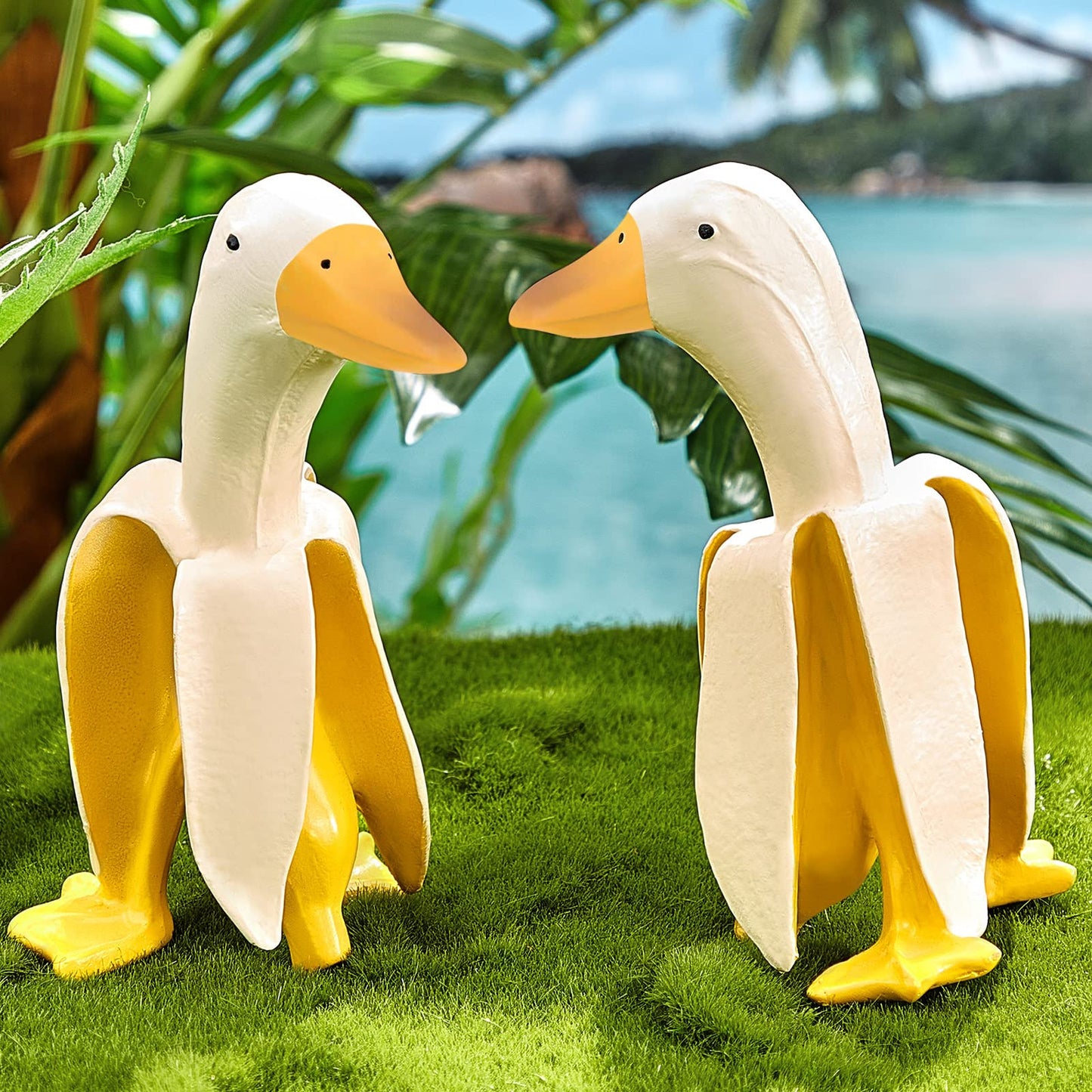 Meooeck 2 Pcs Banana Duck Statue 5.56" Small Garden Decor Resin Sculpture Ornament Creative Yellow White Figurine Funny Gift for Christmas Birthday Indoor Outdoor Yard Lawn Home Office Decorations
