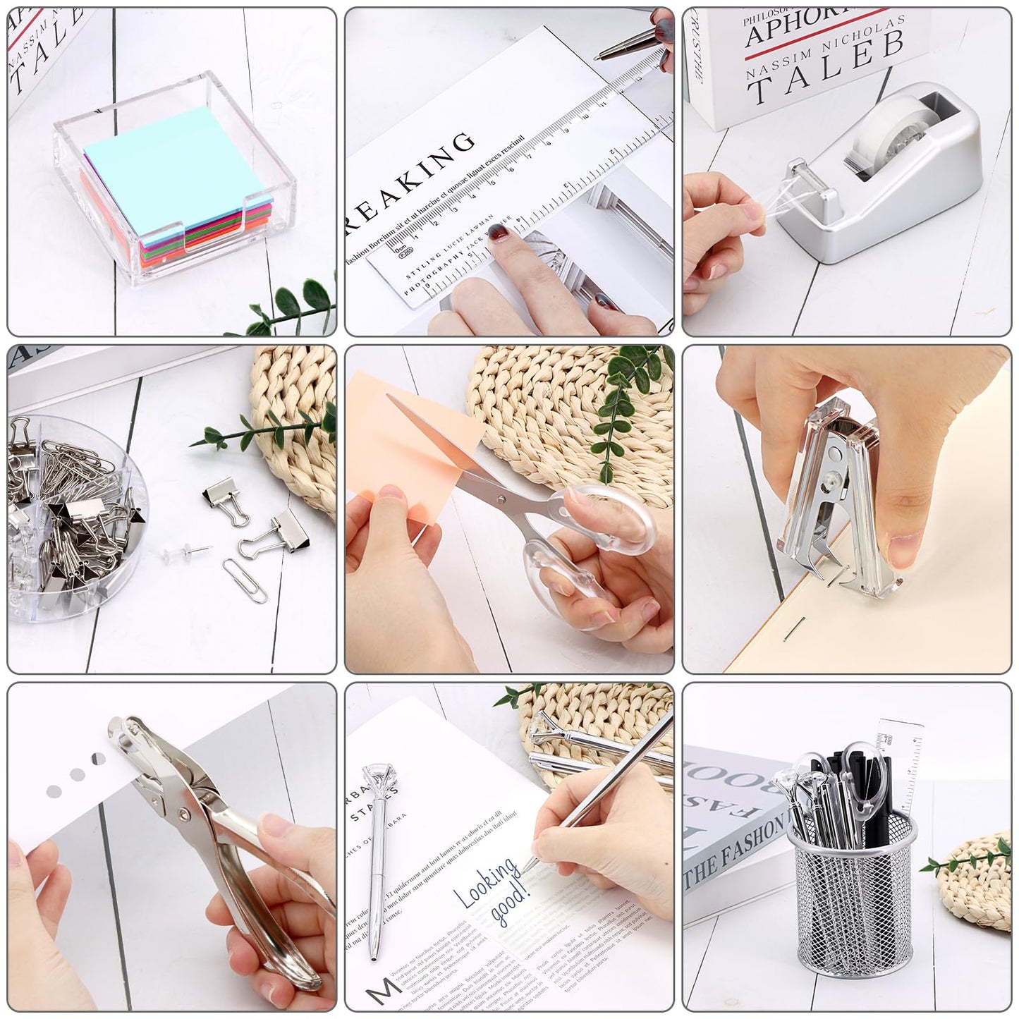 17 in1 Silvery Desk Organizers and Accessories Set, 3 Office Desk Supplies Storage Organization, 4 Pens, Stapler, Staples & Remover, Tape & Dispenser, Scissors, Ruler, Clips, Hole Punch Back to School