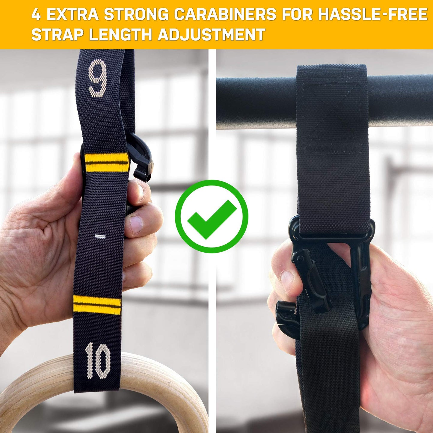 Double Circle Gymnastics Rings with Quick Adjust Numbered Straps and Exercise Videos Guide - Full Body Gym Rings - Calisthenics Rings Wooden Rings (Extended Straps)