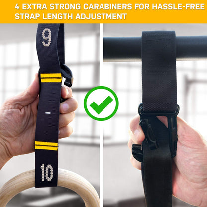 Double Circle Gymnastics Rings with Quick Adjust Numbered Straps and Exercise Videos Guide - Full Body Gym Rings - Calisthenics Rings Wooden Rings (Extended Straps)