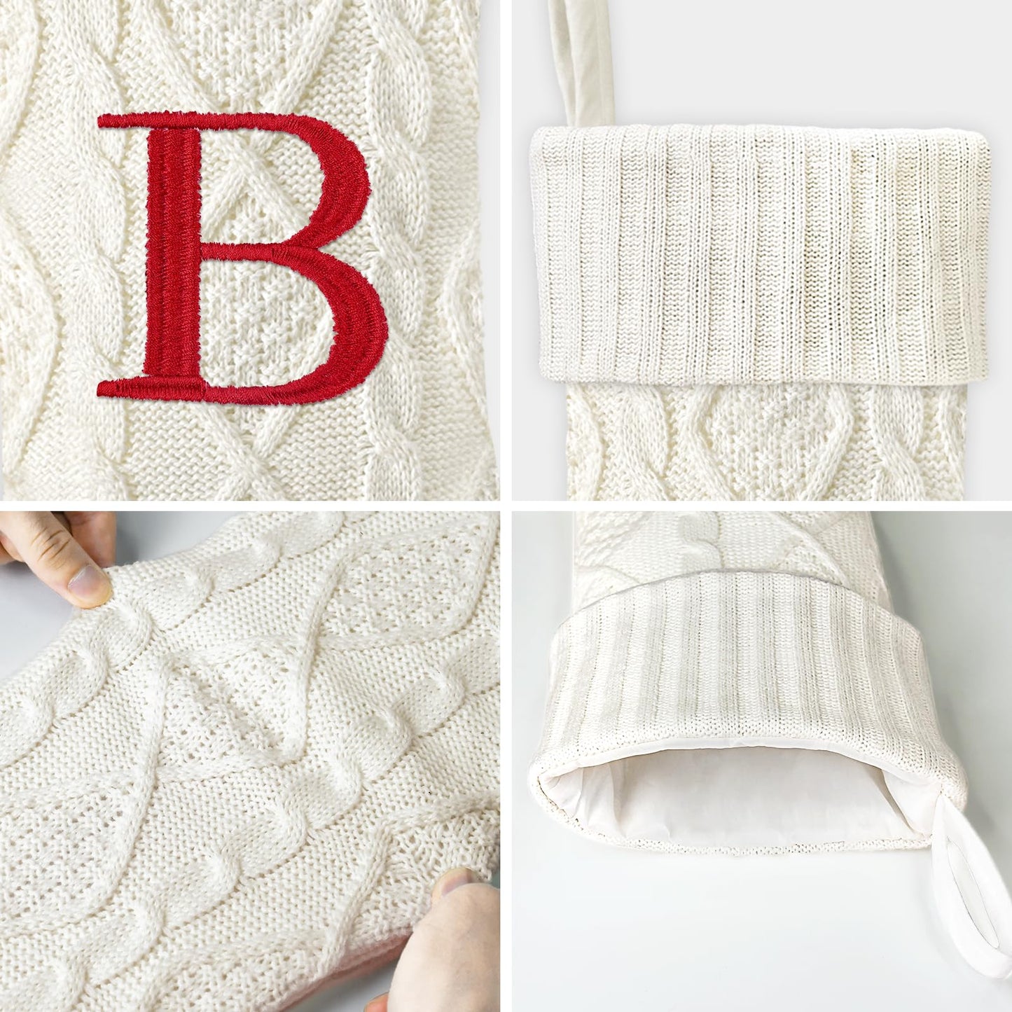 Yoochee 21 Inches Knitted Christmas Stockings with Initials, Large White Custom Monogram Embroidery Christmas Stockings with Letter, Personalized Xmas Decoration for Holiday Family Party-B