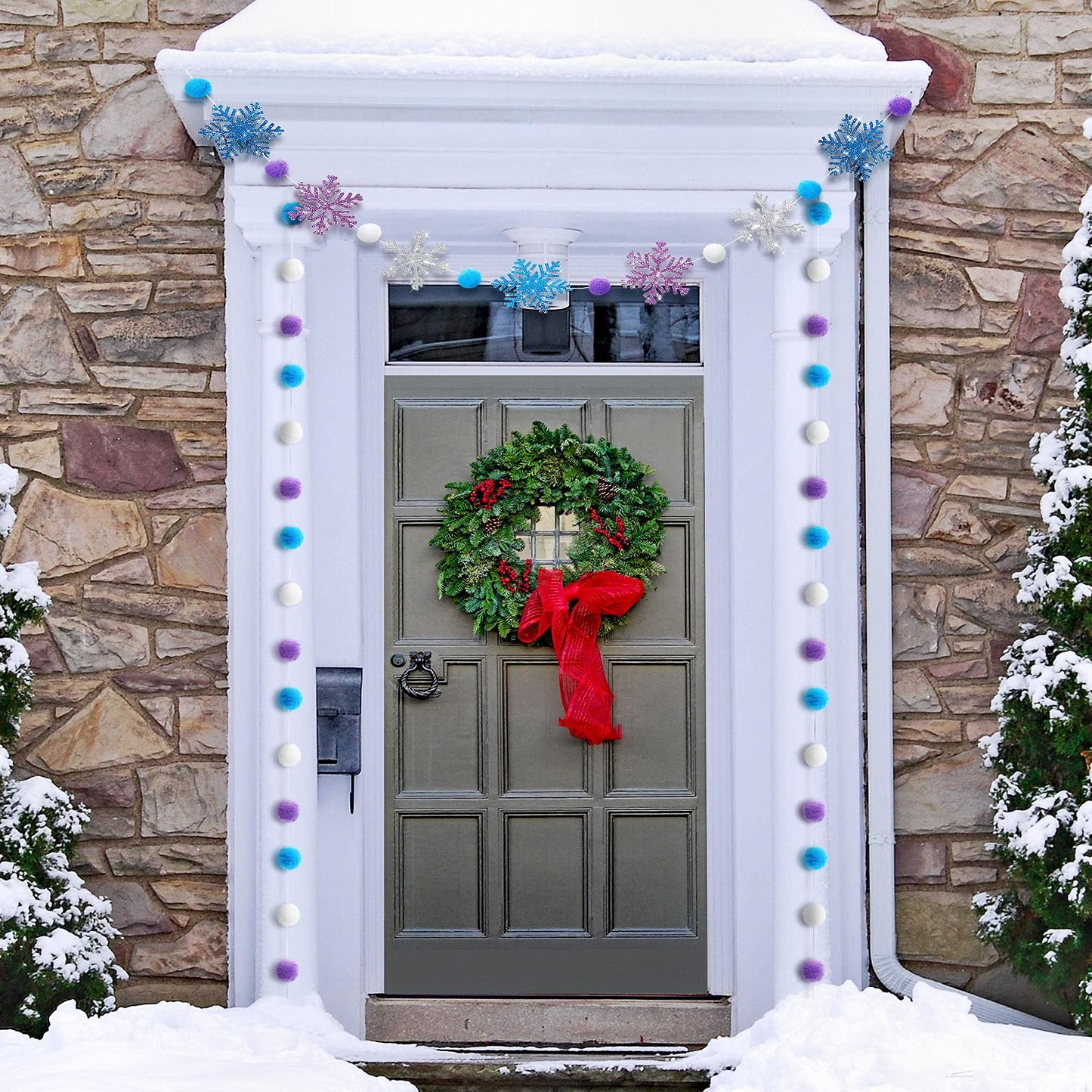 Tatuo 3 Pieces Winter Felt Ball Banner Snowflake Garland Glittery Banner Wonderland Theme Pom Pom Decor Holiday Hanging Decor for Birthday Baby Shower Wedding Party