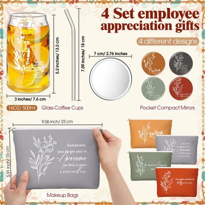 Skylety 12 Pcs Appreciation Gifts for Women Administrative Professional Nurse Week Thank You Gifts Bulk for Volunteer Teacher Coworkers Staff Employee Team16 oz Tumbler Makeup Bag Mirror(Vivid)