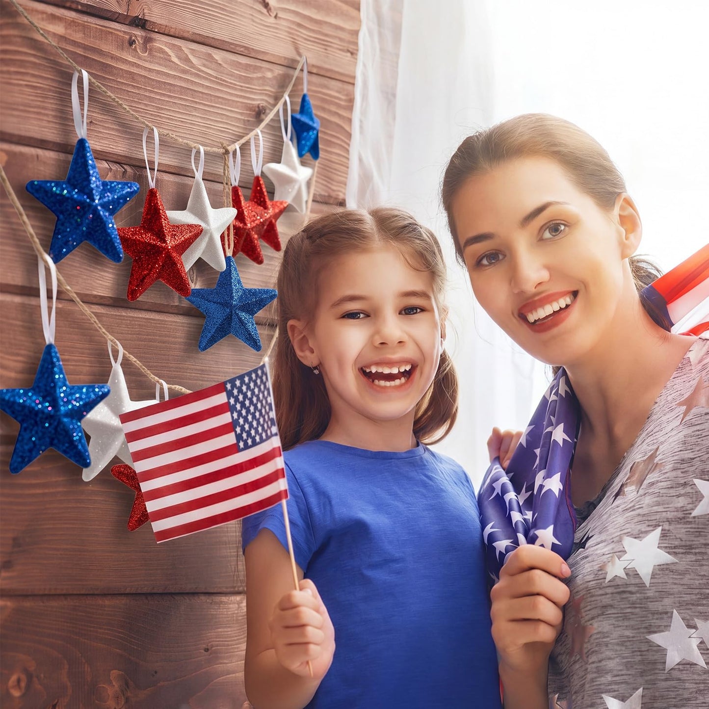 24 Pcs 4th of July Large Star Ornaments, 4.3 Inch Patriotic Hanging Glitter Star Red White Blue Tree Decor for Independence Day, 250th Anniversary, Memorial Day Home Party Decor