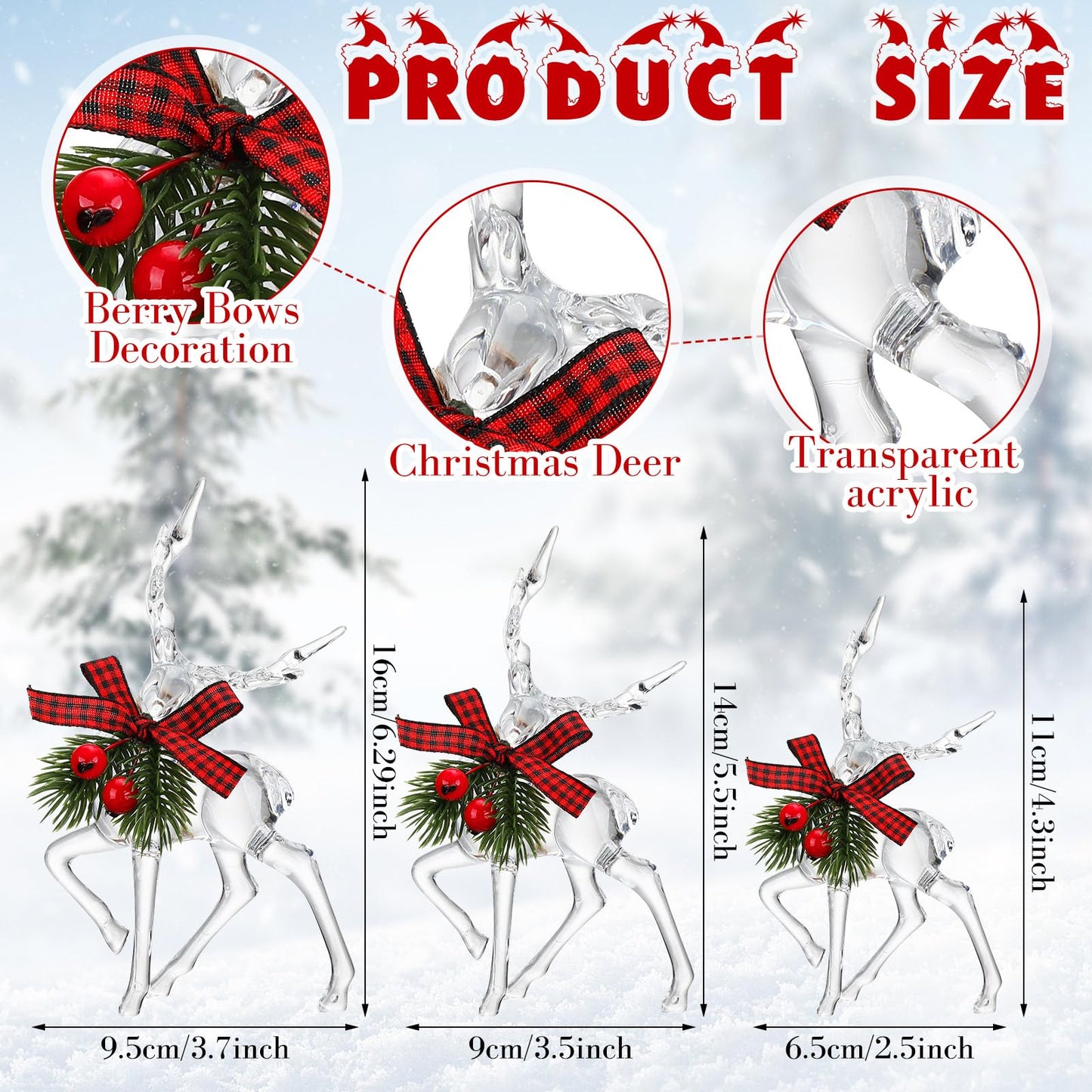 Jenaai 3 Pcs Christmas Reindeer Figurine Acrylic Reindeer Desk Decorations Deer Figurine Christmas Centerpieces for Tables with Green Pine Needle and Red Berries for Party Supplies