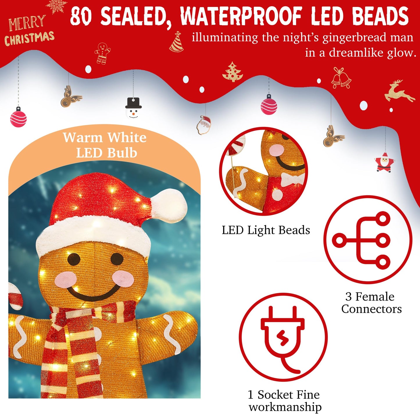 32 Inch 3D Lighted Gingerbread Man Decorations - 2-Piece Outdoor Christmas Decorations with 80 Warm White LEDs, Christmas Yard Decorations Display for Garden, Storefront, Patio