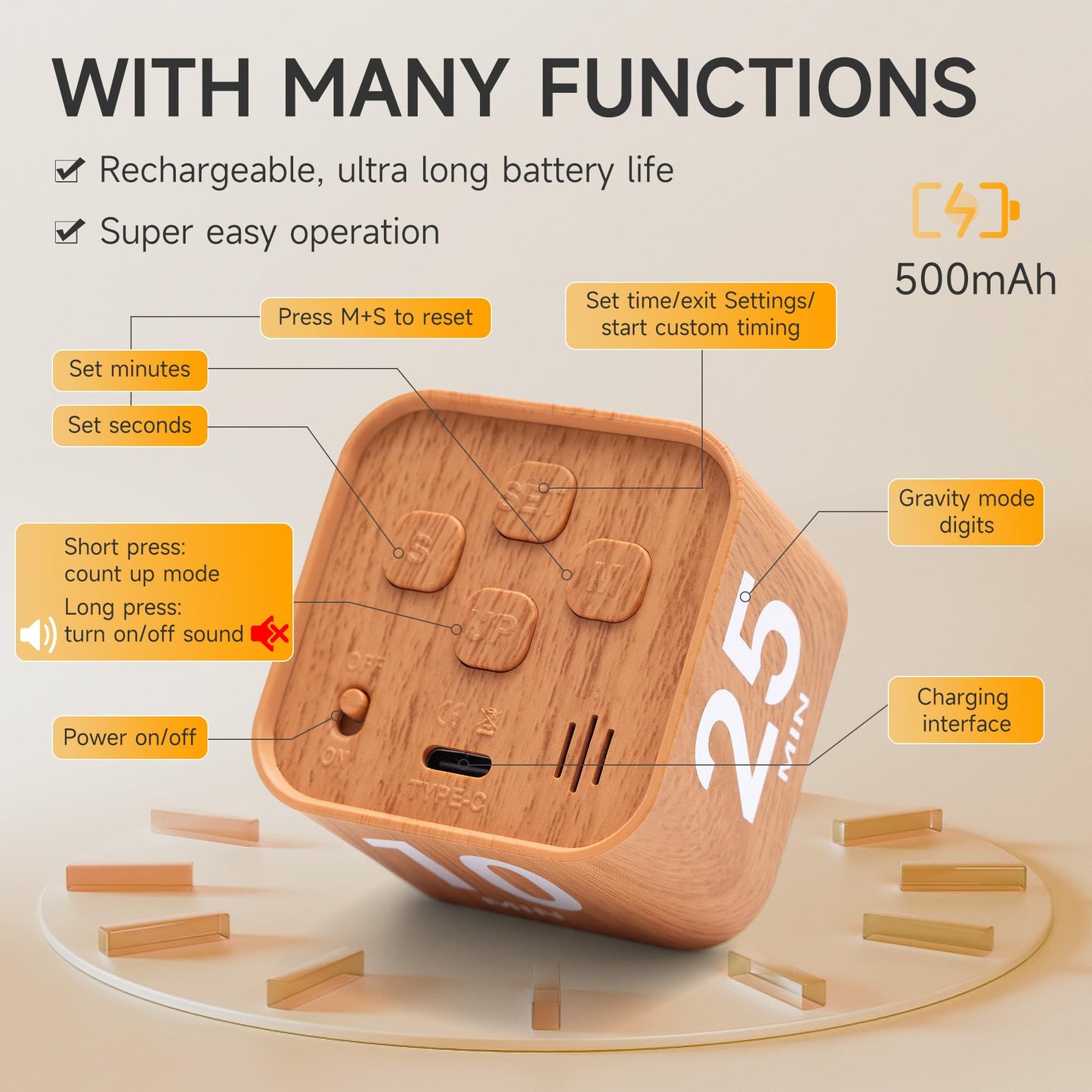Exlliy Rotating Productivity Timer 5, 25, 10, 50 Minutes Preset, Desk Cube w/Gravity Sensor for ADHD, Mute Functions, Ideal for Work, Study, Kitchen, Back to School (1, Wood Grain Finish)