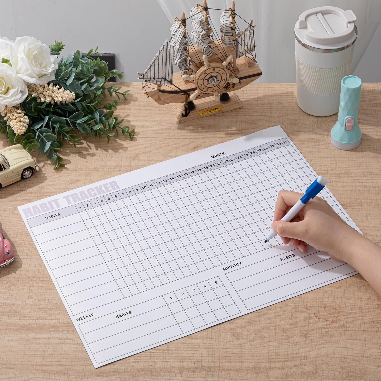 Maitys Habit Tracker for Fridge 12 x 16 Inch Magnetic Workout Tracker Journal Motivation Dry Erase Goal Habit Calendar for Whiteboard with 3 Marker Pens and 1 Eraser