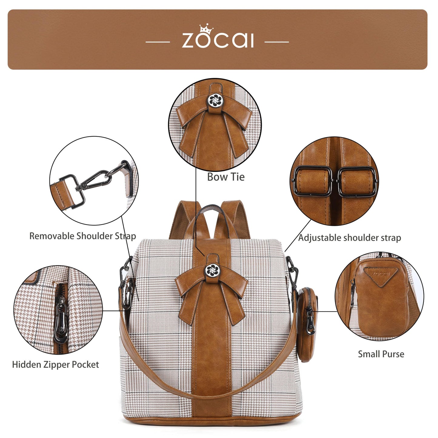 ZOCAI Backpack Purse for Women Fashion Backpack Purses PU Leather Daypacks Anti-Theft Shoulder Bag Satchel Purse(Brown)