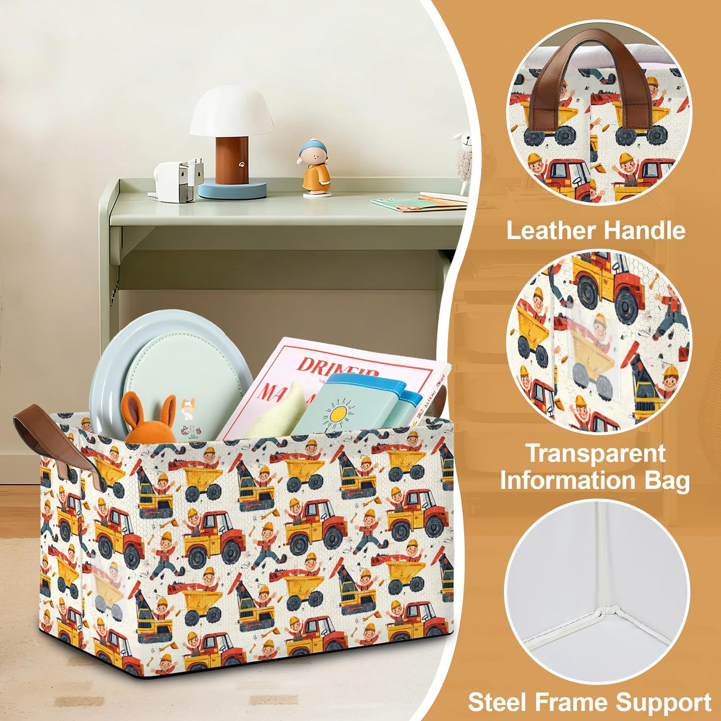 Oeaskly Storage Bins with Handles, Oxford Cloth Storage Basket with Sturdy Frame, Car Excavator Collapsible Organizer for Closet, Shelf, Clothes, Towels, Home Storage