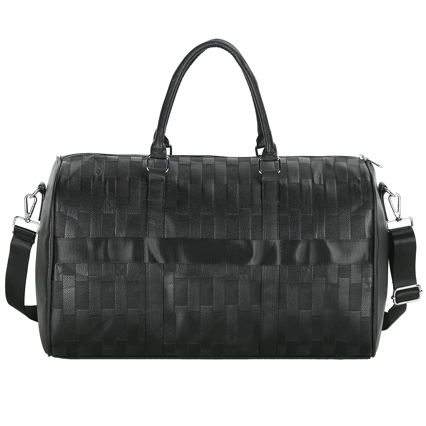 AGVOTK Luxury Black Woven Leather Weekender Duffel Bag Men Women Travel Carry-on, Large Overnight Bag with Handles & Adjustable Shoulder Strap