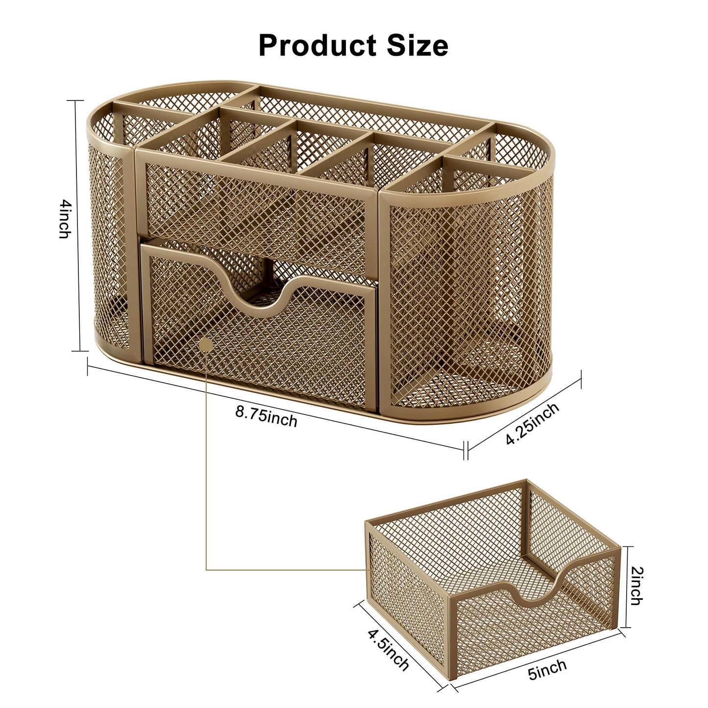 EasyPAG Mesh Pen Holder Desk Organizer with Drawer Stationery Supplies Organizer for Dorm School 9 Compartments Workspace Desk Accessories Organization for Office, Gold