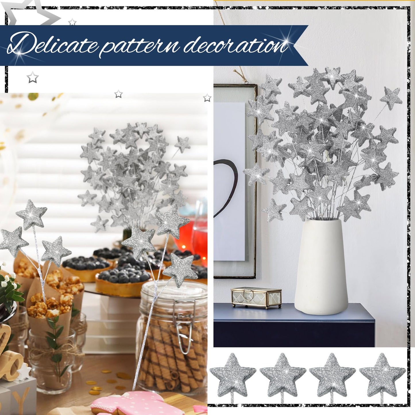 Wavwavw 24 Pcs Glitter Star Picks 13.8'' Sparkly Star Stem Picks Decoration Foam Vase Sticks Centerpiece Table Craft Vase Filler for Wreath Birthday Wedding Bridal Shower Arrangement(Silver)