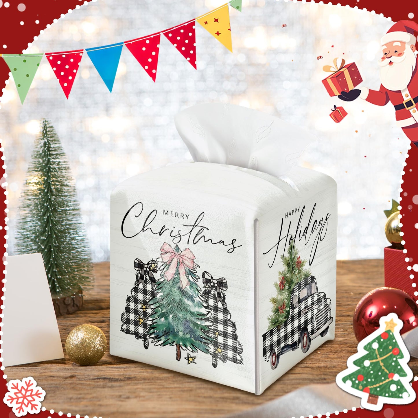 Christmas Box Cover Square, Buffalo Plaid Truck Trees Decorative Tissue Box Holder, Waterproof Leather Tissues Boxes Dispenser for Bathroom, Bedroom Nightstand, Office, Car Home Decor