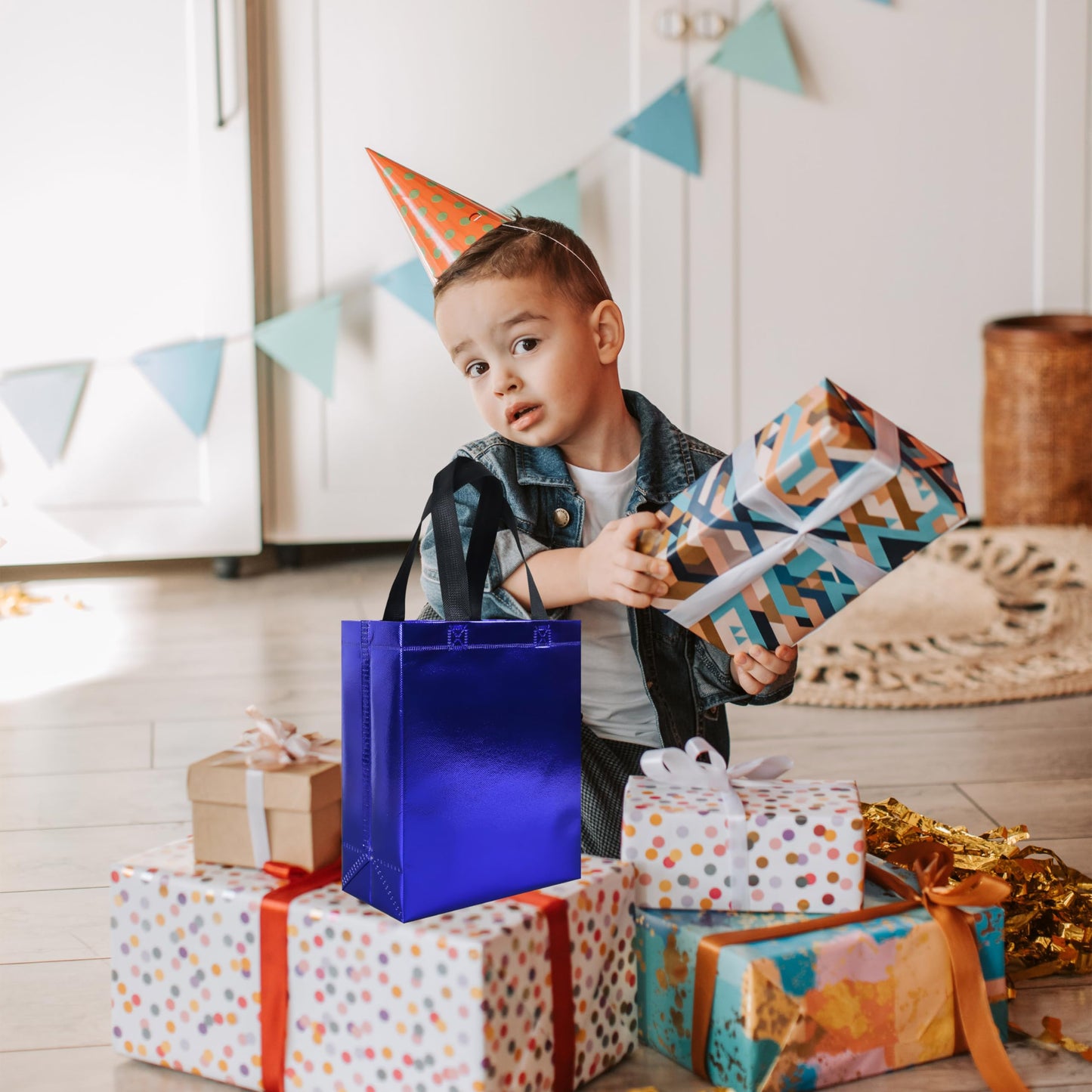 cabzymx 18 Pcs Glossy Blue Small Gift Bags, 8 x 3.9 x 9.8 In Reusable Goodie Bag Bulk with Sturdy Base, Non-woven Holiday Gift Bags for Birthday, Wedding, Party, Easter
