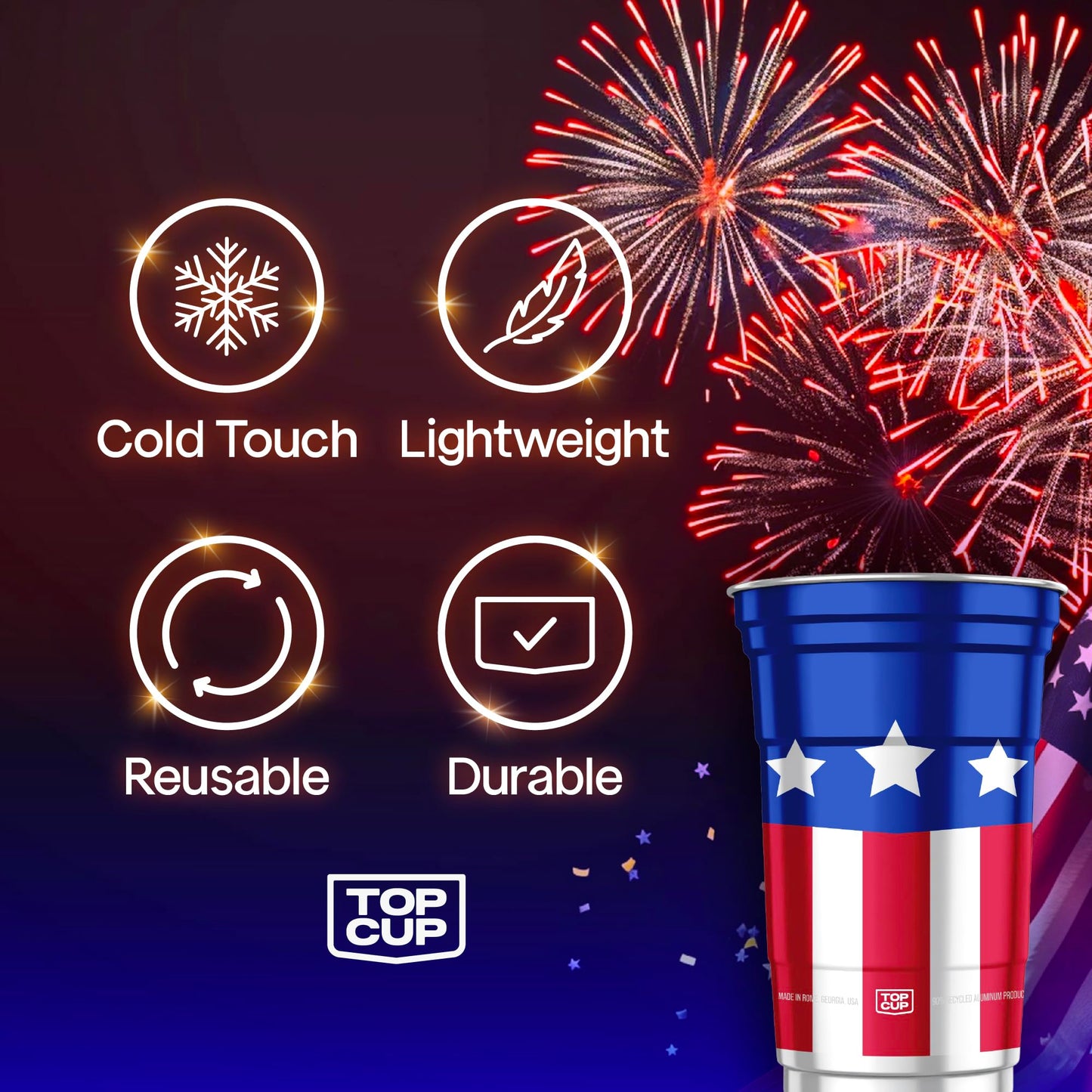 Top Cup America's 250th Birthday 20 oz Reusable Aluminum Party Cups 20 Count | Durable, Reusable & Recyclable, Made in USA