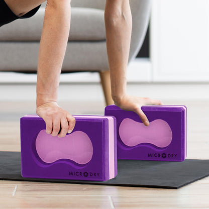 Microdry Sure-Grip Yoga Blocks, Set of 2 – Non-Slip Foam Blocks with Ergonomic Grip Cutout for Stability, Wrist Support, Flexibility & Balance Purple/Pink