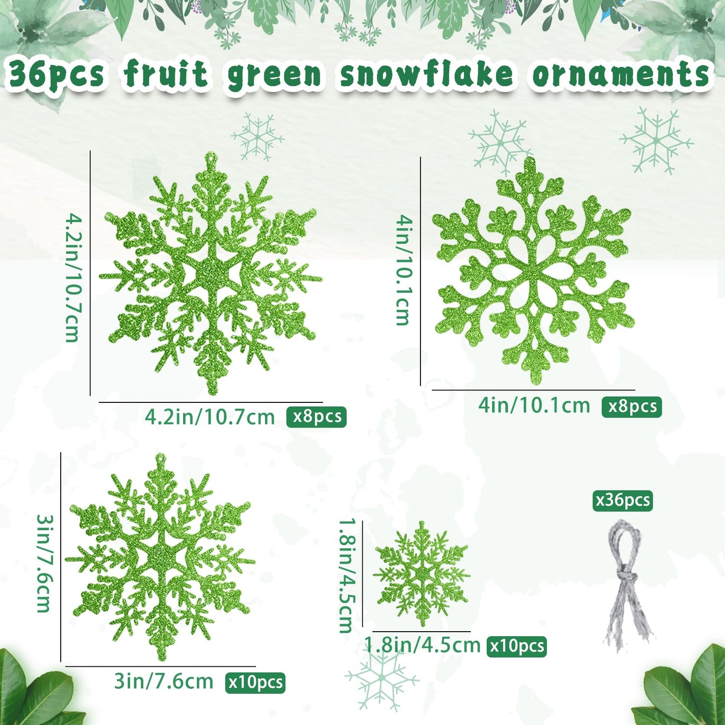 36pcs Christmas Lime Green Snowflake Ornaments，Plastic Lime Green Snow Flakes Hanging Ornaments for Christmas Tree Decor Winter Wonderland Frozen Birthday Party Holiday Home Decor Craft Snowflake