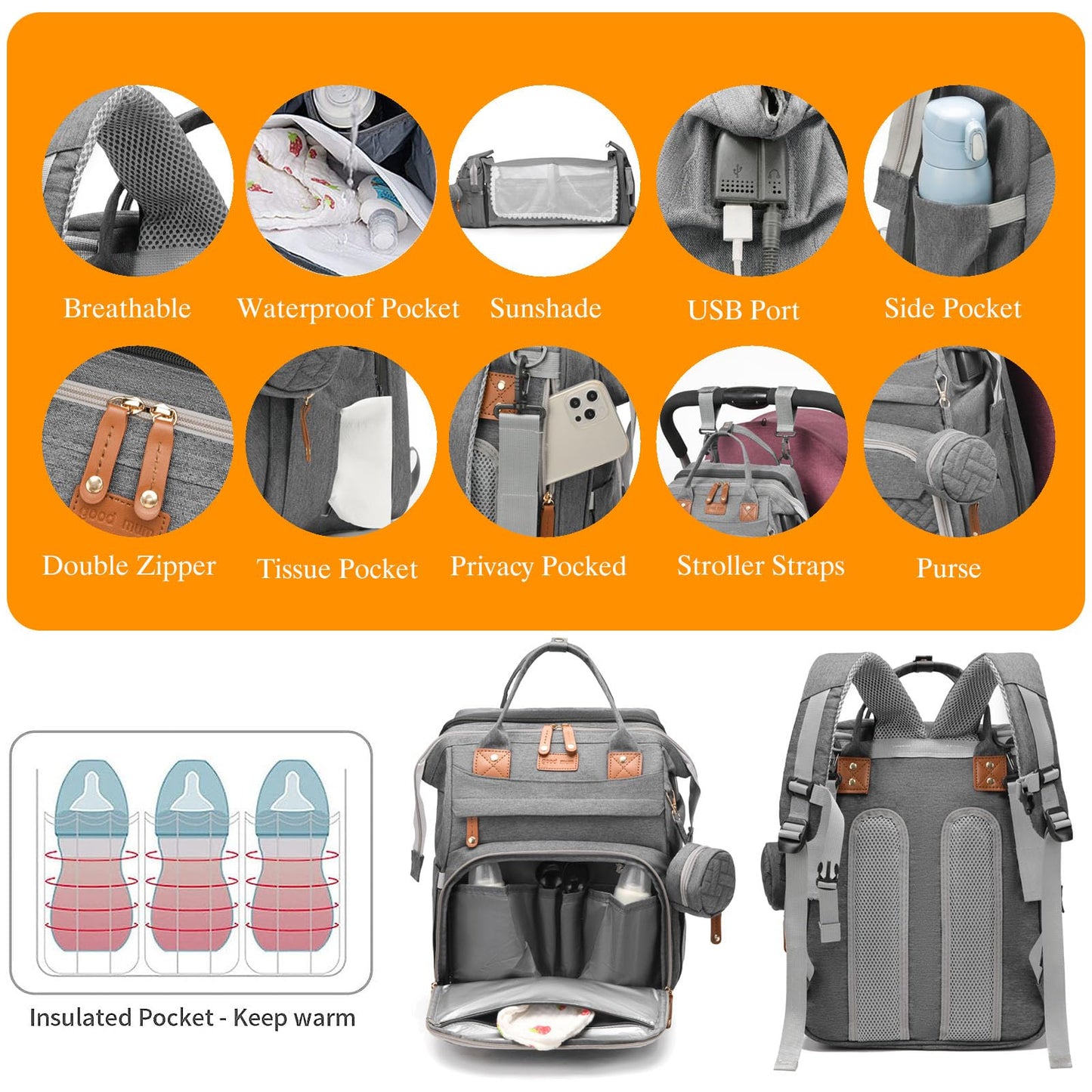 Astro alan Baby Diaper Bag with Changing Station, Waterproof Diaper Bag Backpack for Moms Dads with USB Charging Port, Baby Shower Gifts, Large Capacity diaper backpack, Grey