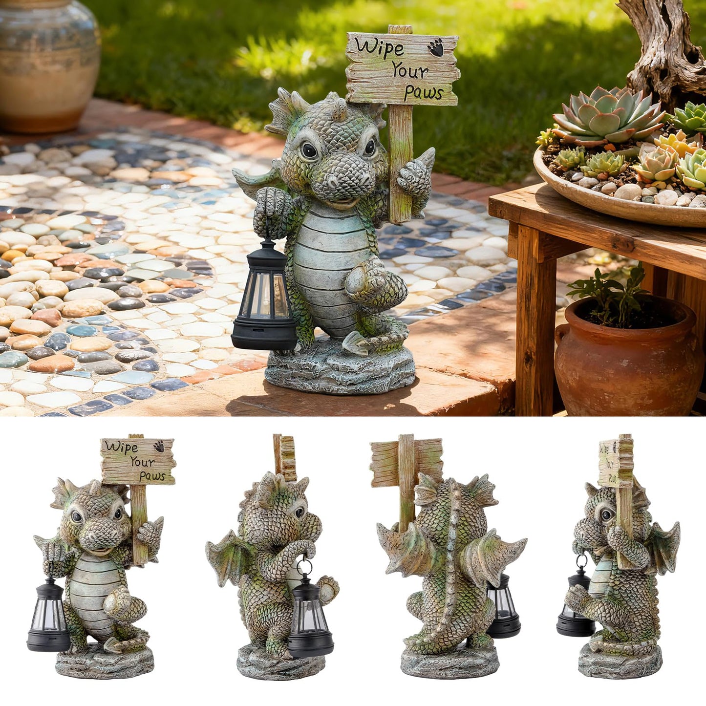 Joint Honglin Solar Dragon Garden Statue with Hanging Lantern - Cute Welcome Sign, Waterproof Resin Dinosaur Figurine, Outdoor Yard Decor for Front Door, Porch, Patio, Dog Pet Lover Gift