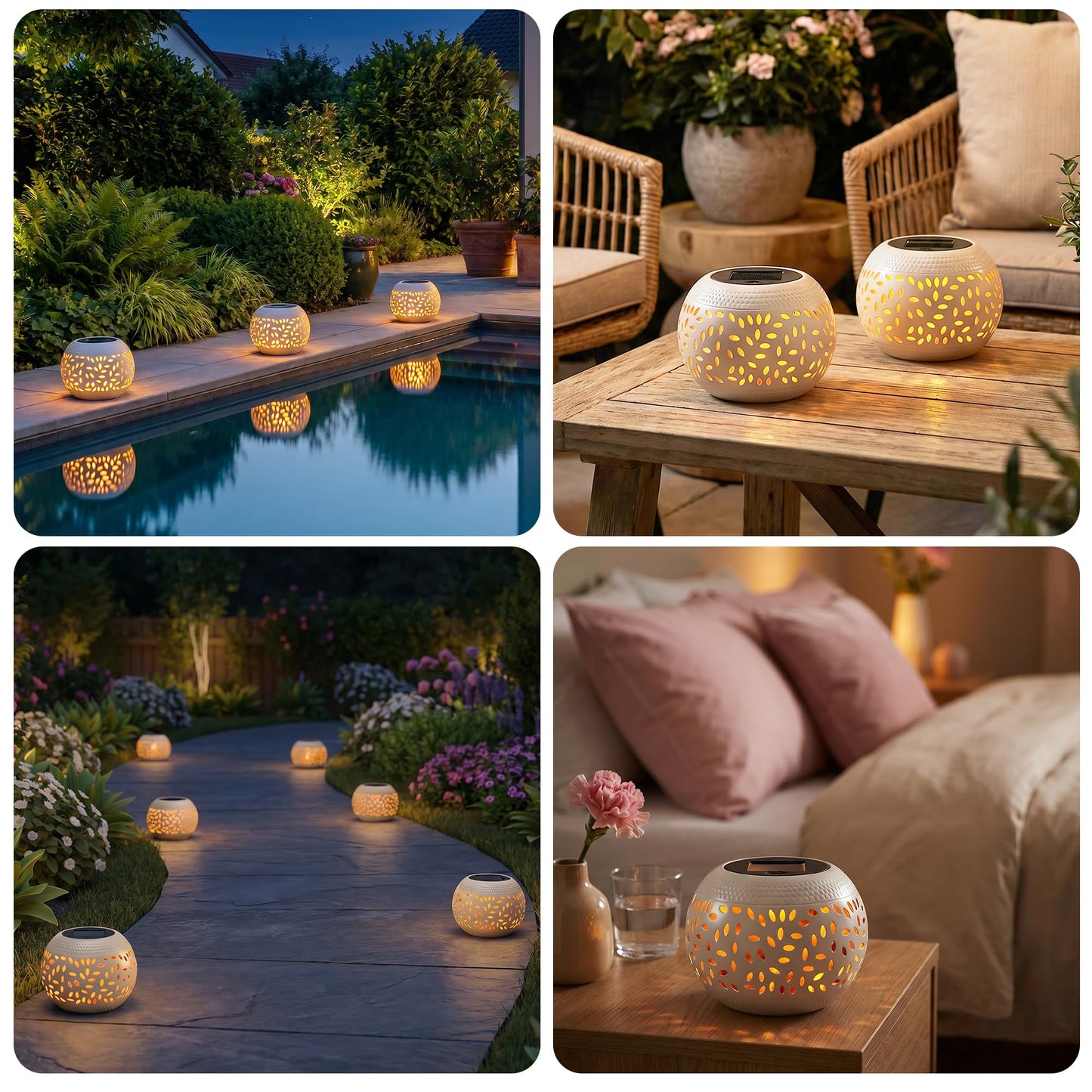 Solar Table Lantern Outdoor Waterproof- Dancing Flickering Flame Solar Powered LED Light,White Metal Desktop Decorative Lamp for Gifts for Women Mom,Desk Patio Garden Yard