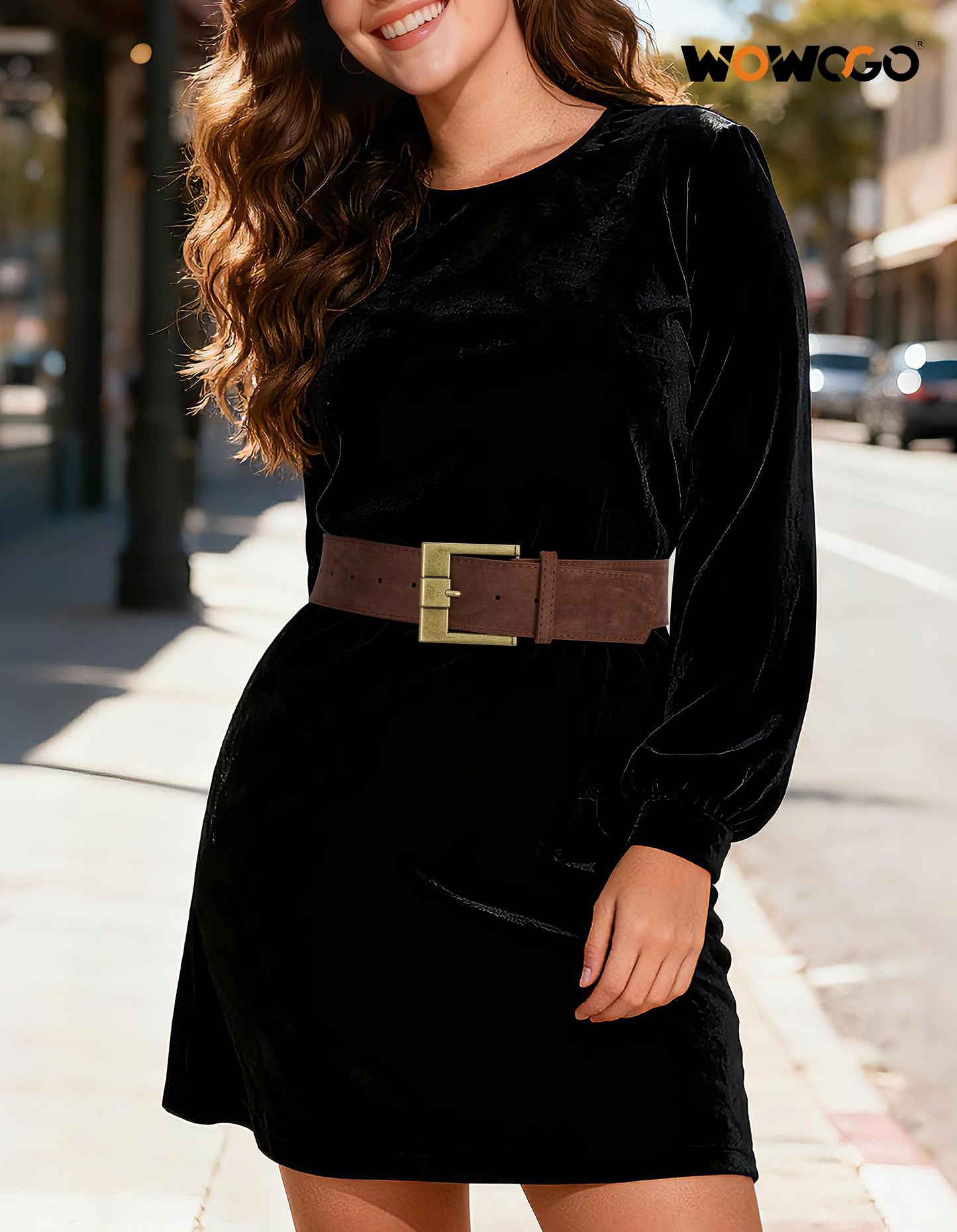 WOWOGO Dark Brown Women Wide Leather Belts for Dresses 1.9" Chunky Western Vintage Thick Suede Waist Belt with Brass Buckle